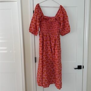 Free People Pink & Orange Smocked Midi Dress with Puff Sleeves
